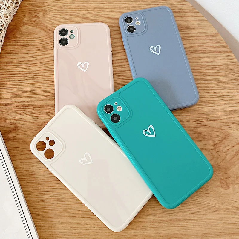 

Candy Color Love Heart Phone Case For iPhone 12 Mini 11 Pro Max SE 2020 X XR XS Max Square Frame Back Cover For iPhone 7 8 Plus