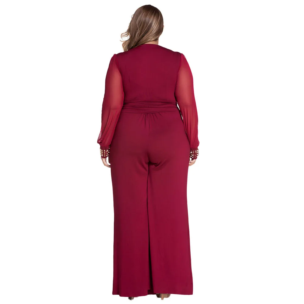 

Women Casual Jumpsuits Ladies Rompers Fashion V-Neck Long Sleeve Riveted Playsuits Female Wide Leg Pants Overalls Big Size S-3XL