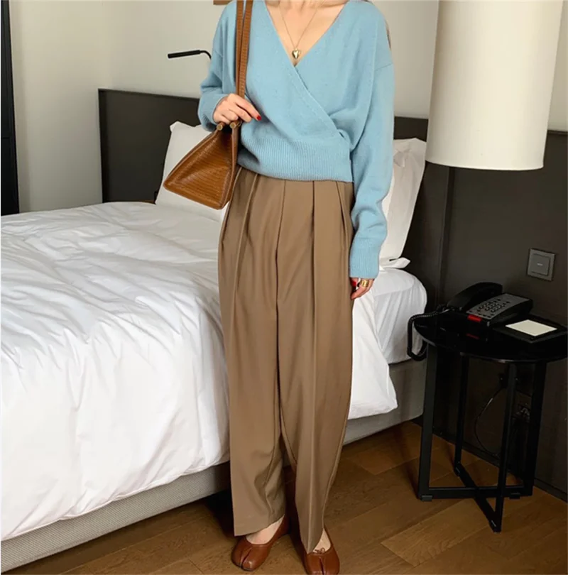 

2020 New Autumn Winter Elegant Sweater Office Lady Work Pullovers V-Neck Long Sleeve Loose Knitted Sweaters Women's Tops