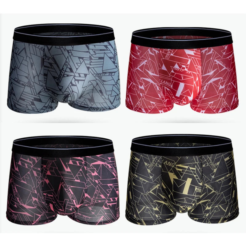 4 Pcs/Lot New Men's Ice Silk Underwear Breathable Thin Soft Comfortable Fashion Printing Large Size Men's Boxer Underwear