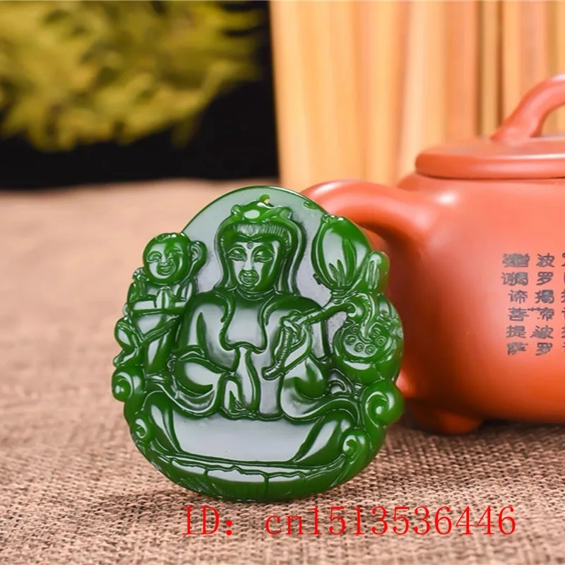 

Natural Green Jade Lotus Guanyin Pendant Necklace Charm Jewellery Fashion Accessories Hand-Carved Man Luck Amulet Sweater Chain