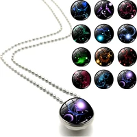 12 constellation necklace fashion double side cabochon glass ball necklaces zodiac signs jewelry for men for women birthday gift