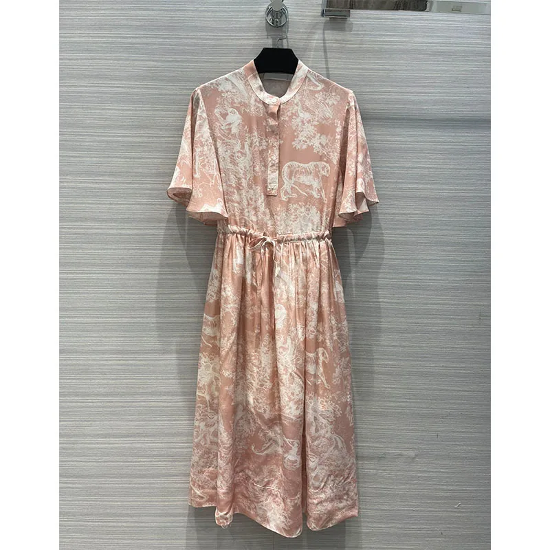 

2022 Spring Summer Runway Women Vacation Floral Print Fairy Dress Fashion Elegant Butterfly Sleeve Stand Collar Drawstring Robe