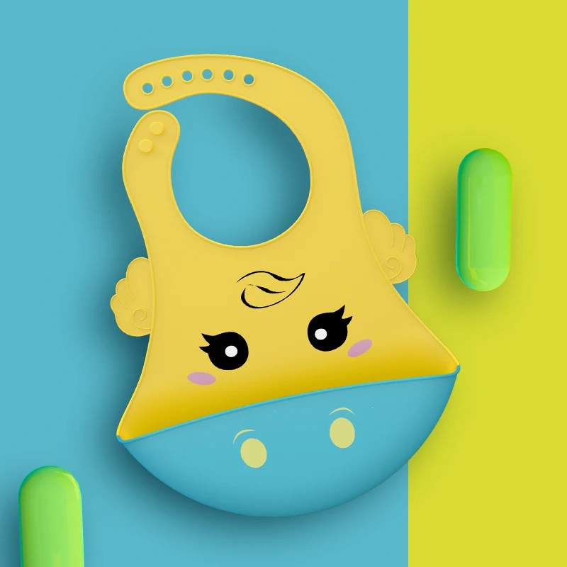 TYRY.HU Cute Baby Bibs Waterproof Silicone Bib Infant Toddler Feeding Saliva Towel Cartoon Adjustable Children Apron with Pocket