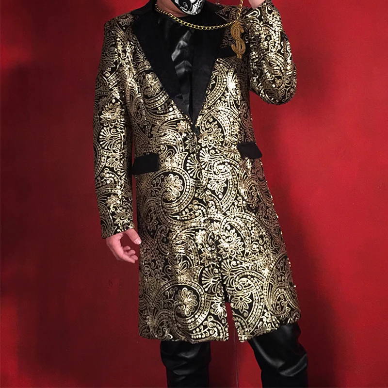 

Men Gold Sequin Slim Fit Casual Suit Jacket Male Fashion Long Blazer Coat Stage Costumes Custom Made Suit Size
