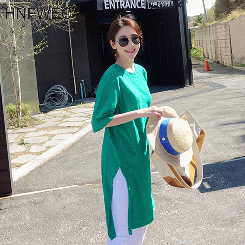 

2020 New Spring Summer Solid Color Round Collar Pullover T-shirt Women Korea Loose Split Big Size Casual Tops Tide V408