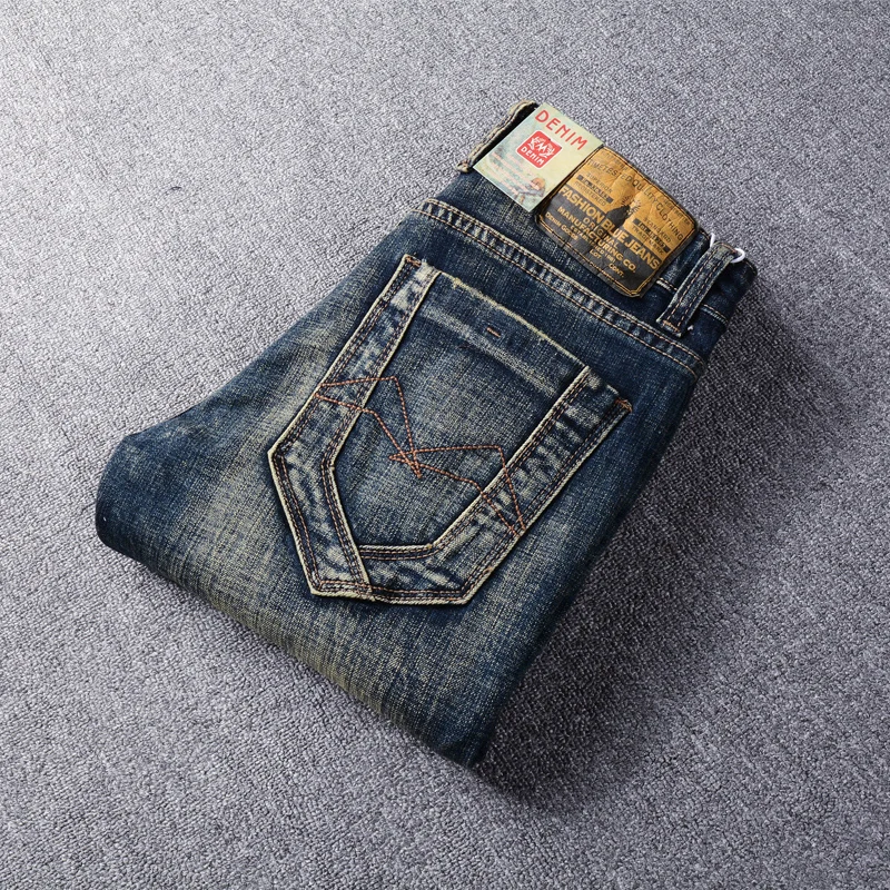 

European Vintage Fashion Men Jeans Elastic Slim Fit Destroyed Ripped Jeans Men Retro Blue Embroidery Designer Cotton Denim Pants