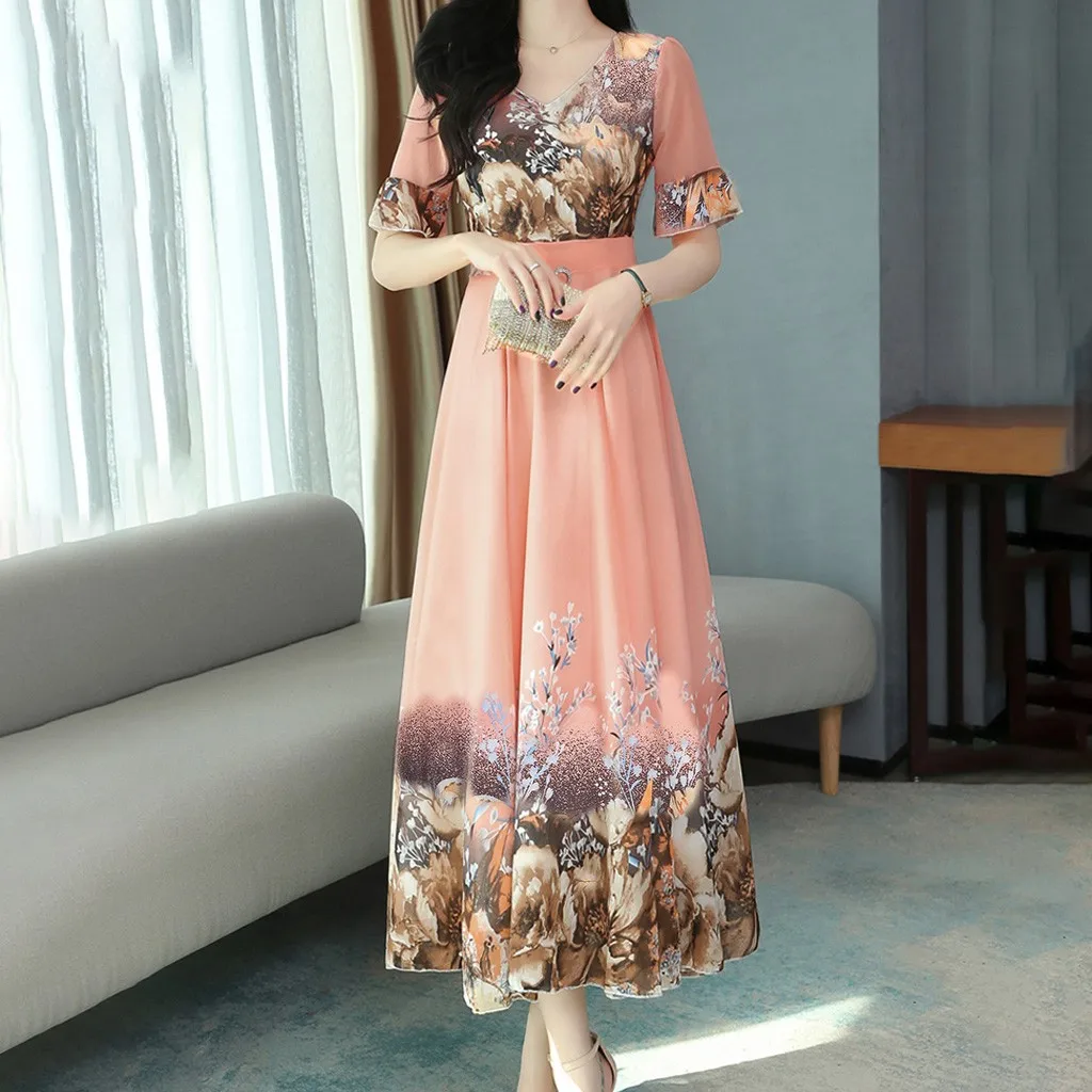 Boho Dress Women v-Neck Short Sleeve Long Floral Print Slim A-Line Party Dresses Casual Loose Beach Ladies Elegant |