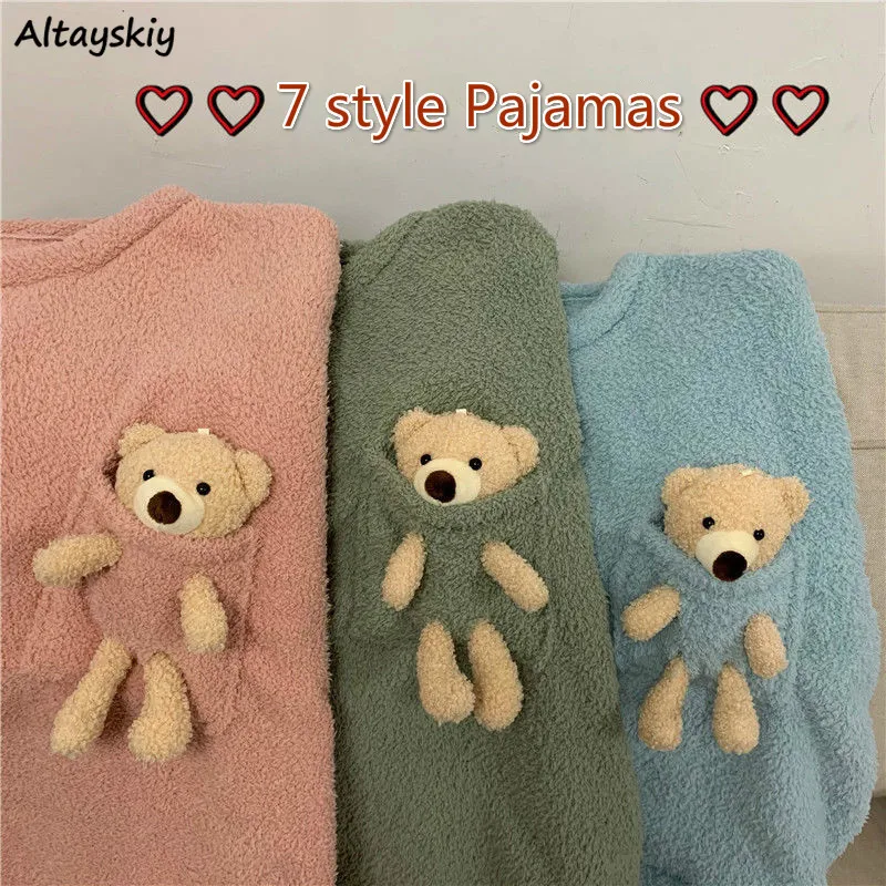 

Winter Pajama Sets Women Soft Warm Kawaii College Girls Sleepwear Daily Fashion Ulzzang Thicker Long Sleeve Ladies Nightwear Pjs