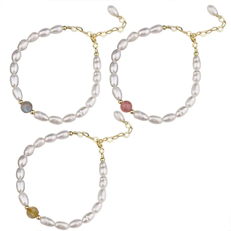 Leouerry Natural Freshwater Pearl Bracelet S925 Sterling Silver Simple Moonstone Strawberry Quartz Crystal Beads Bracelets | Украшения и