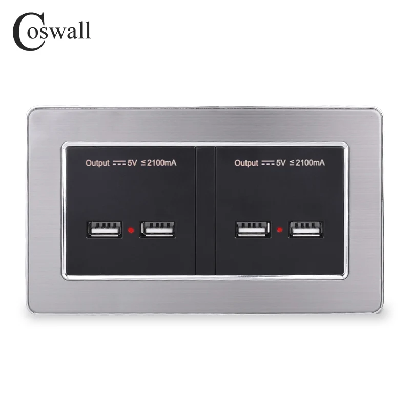 COSWALL настенная розетка 4 USB умный индукционный порт быстрой зарядки для мобильного светодиодный индикатор панель из нержавеющей стали - Тип: Black