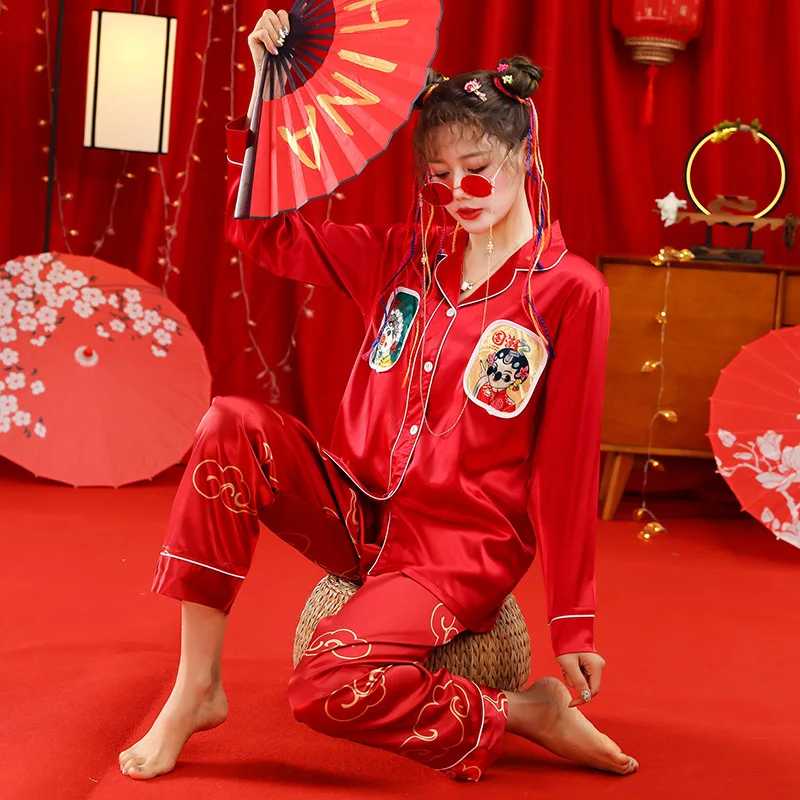 Autumn vintage Chinese tide wind ladies pajamas cardigan long sleeve soft ice silk girl suit home dress