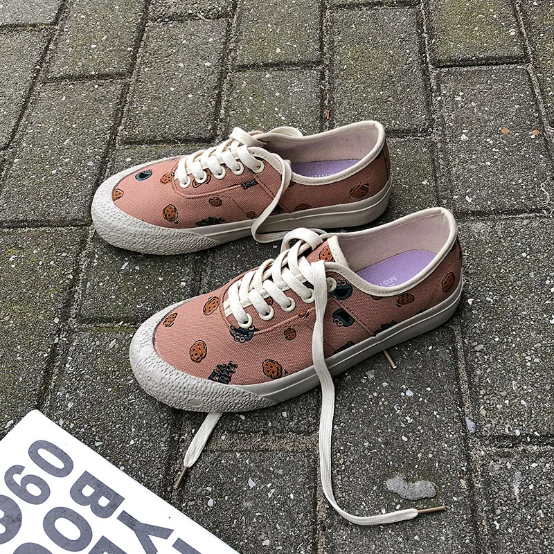 Женские холщовые кроссовки повседневная обувь на плоской подошве с принтом