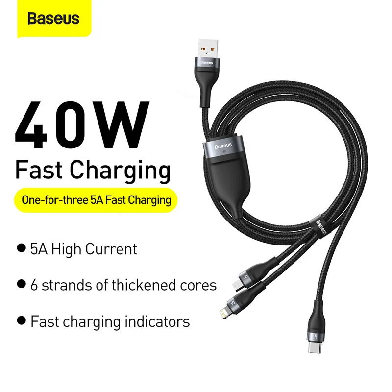 baseus 3 in 1 usb cable 5a type c cable for huawei samsung s20 redmi charging data cable for iphone x 11 pro max micro usb cable free global shipping
