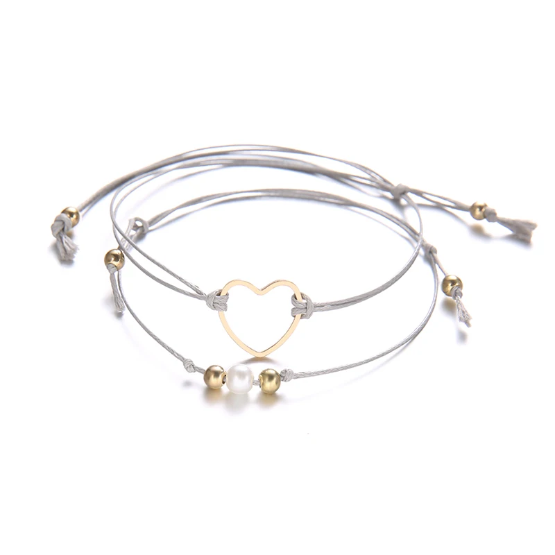2 Pcs/Set Retro Heart Love Beads Leather Multilayer Adjustable Cuff Bracelet Set Women Fashion Clothing Accessories | Украшения и