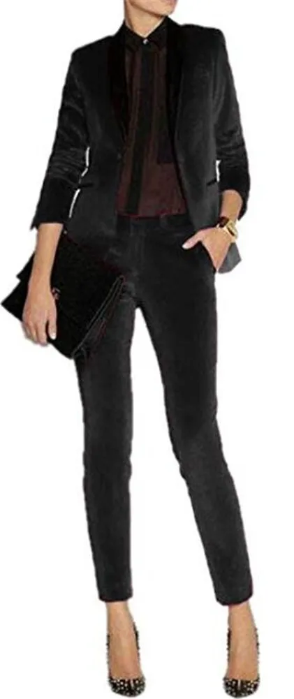 Черный бархатный пиковый женский костюм из 2 предметов Деловой брючный офисный