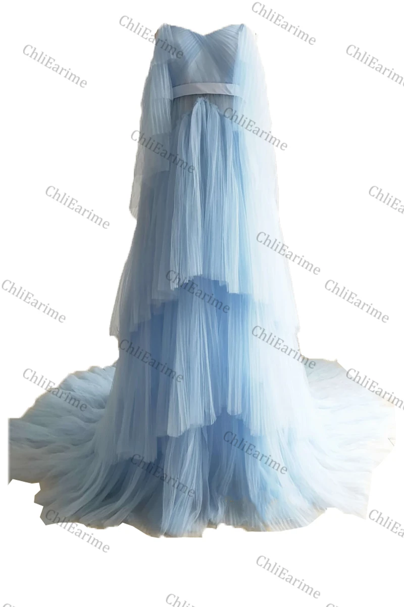 Light blue maternity dress pleated tulle long gown