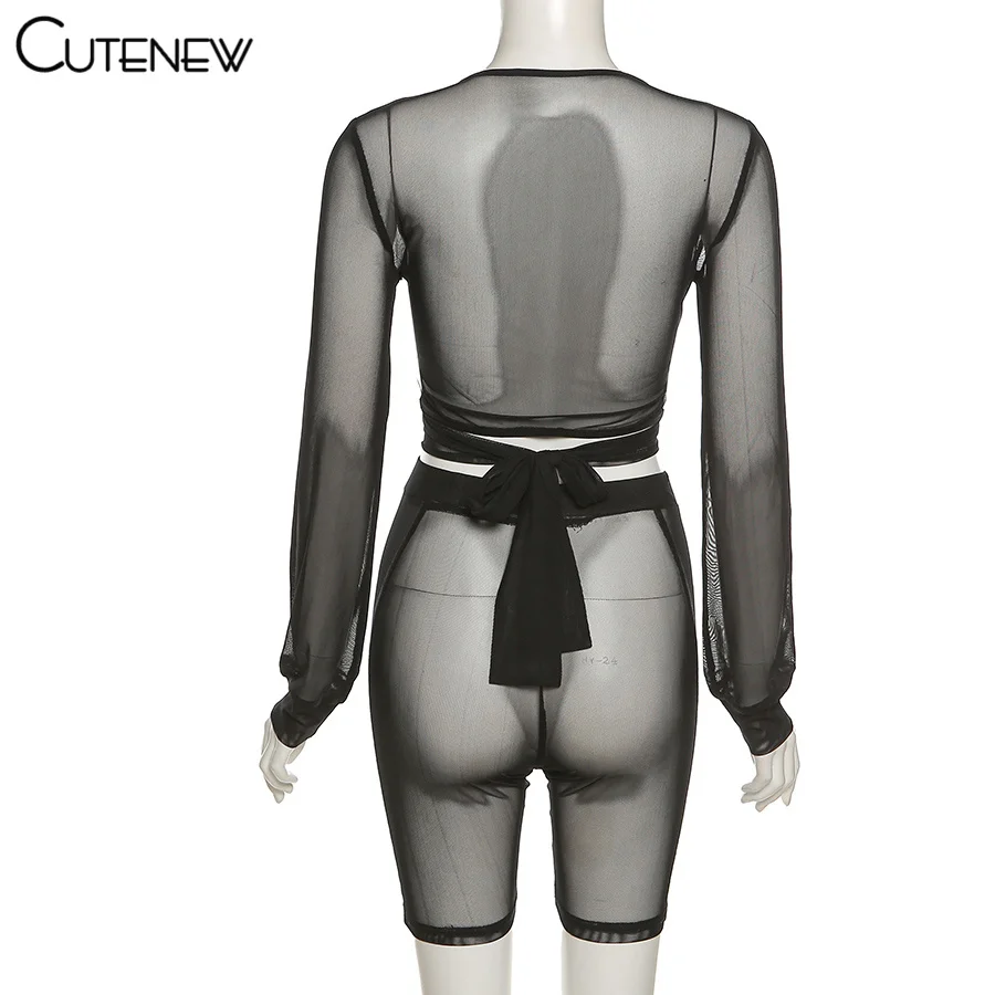 

Cutenew Y2K Sexy Mesh Two Piece Set Women Outfits Hipster Bandage See Through Long Sleeve+Skinny Short Pants Lady Party Clubwear