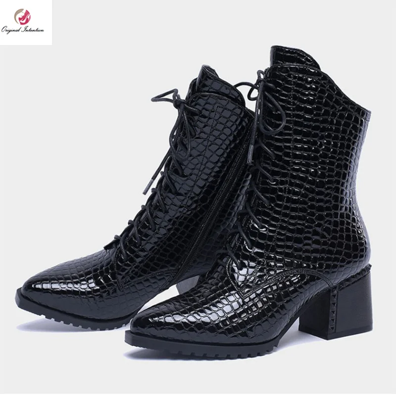 

Original Intention Patent Leather Ankle Boots Woman Winter Boots Square Heels Pointed Toe Shoes Woman Lace-up Warm Shoes