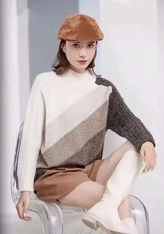 

Cashmere Sweater Women Long sleeves Pullover Sweater Color Patchwork Loose 2020 Autumn Winter New Sweaters