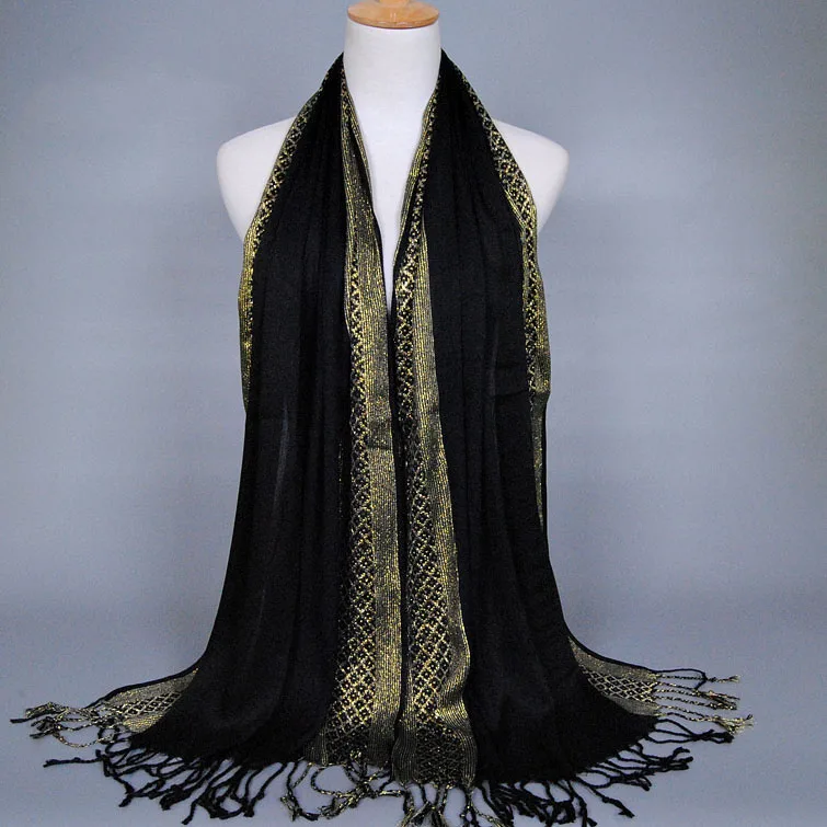 black Cotton Lady Scarf Islamic Hot Sale Golden Thread Headband 16 Colors Scarves Women Soft Shawl Tassel Wrap - Цвет: black