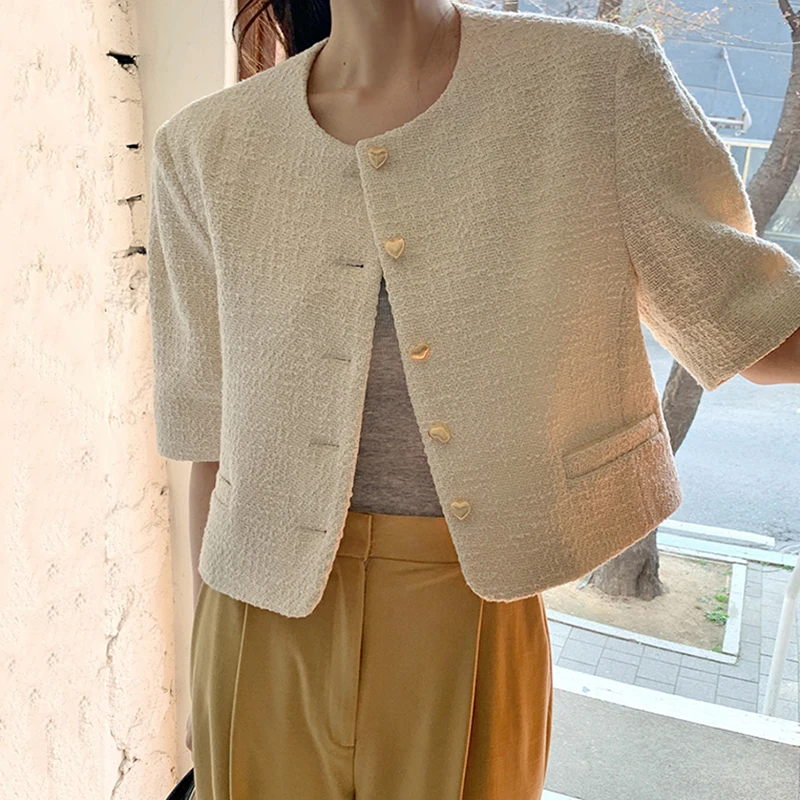 

Women Jacket 2021 Summer Korean Chic Ladies Gentle Round Neck Love Buttons Loose Casual Short-Sleeved Tweed Jackets