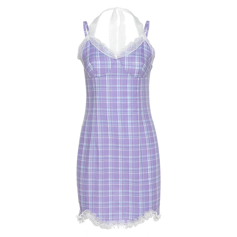 

The Summer Is Lovely And Sweet And Purple Lace Lattice Condole Belt Is Fashionable And Sexy V Collar Lace Shows Back Tight Dress