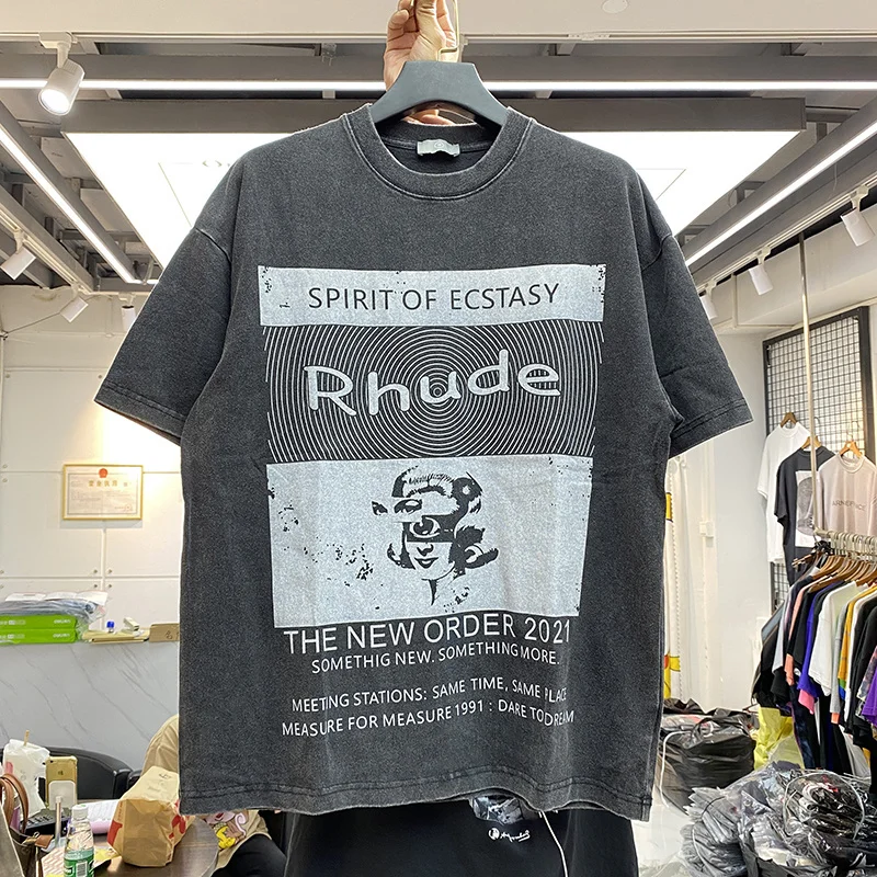 

Spring And Summer High Quality Rhude T-Shirt Wash Make Old Retro Double Sided Printing Men's And Women's Short Sleeve Top