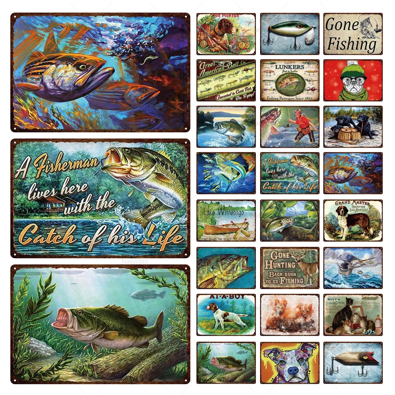 Винтажная металлическая вывеска для рыбалки животные рыба милая собака жестяные