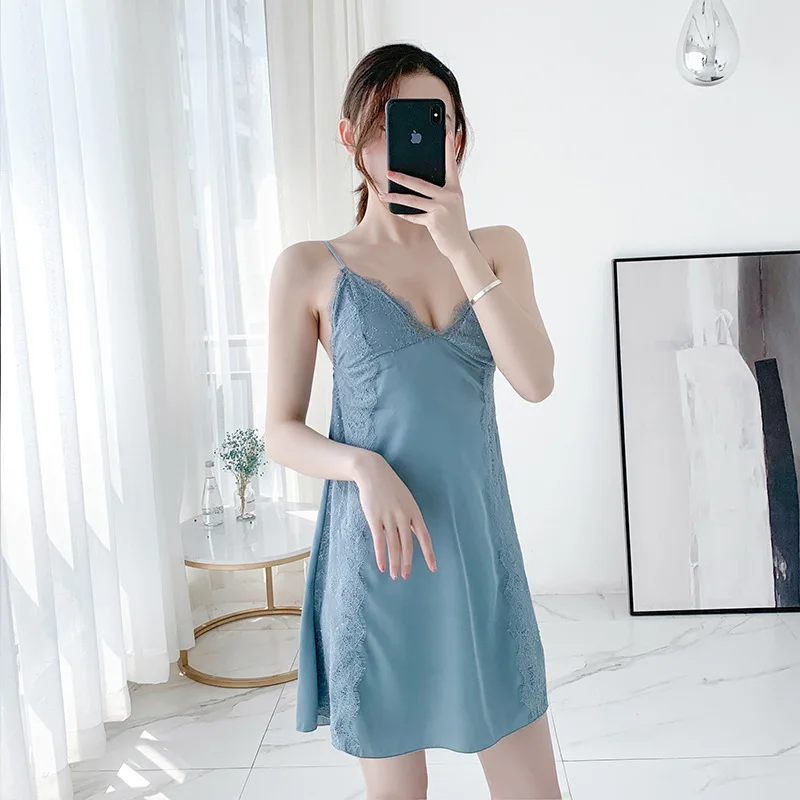 

2021 Temperament Sexy Sling Dress Fashion Satin Nightdress Women's Home Pajamas V-neck Silk Lace Slip Nightdress
