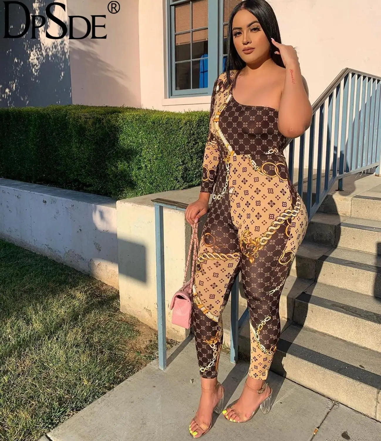 Женский Длинный комбинезон с принтом DPSDE Фиолетовый длинным рукавом и открытой