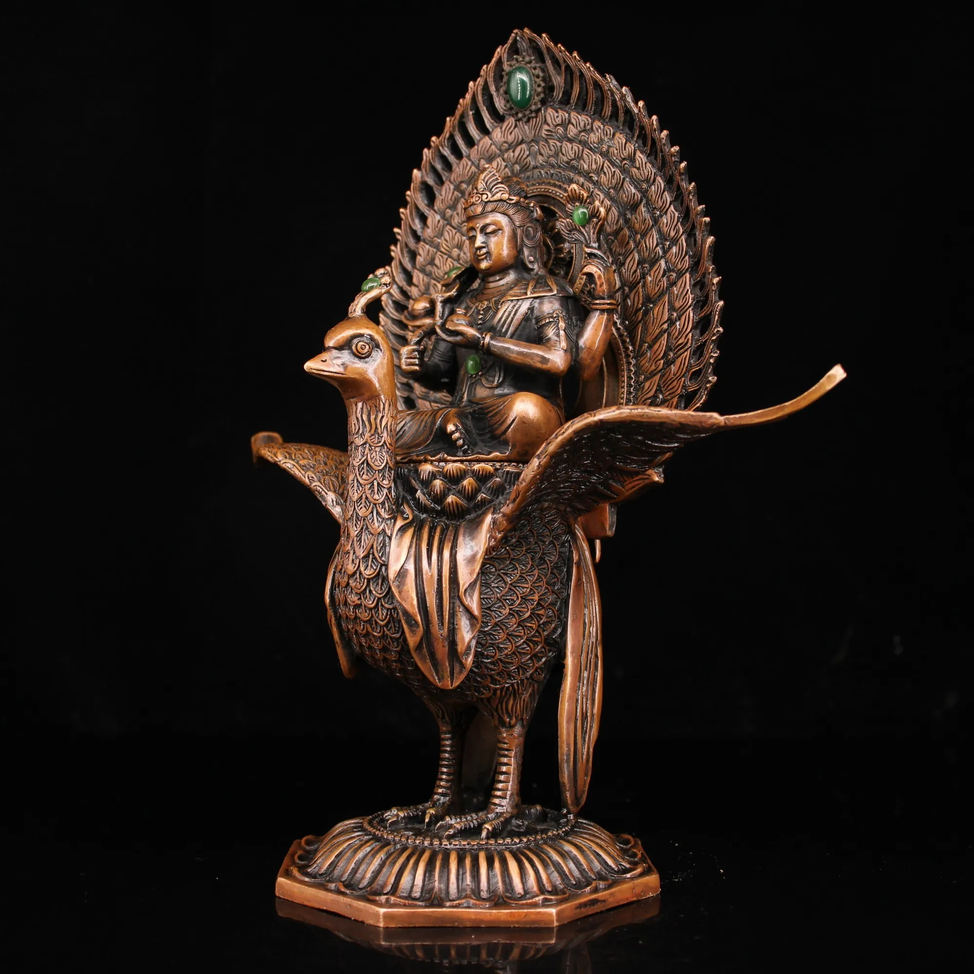 

wedding decoration Pure copper hand-made gemstone-inlaid peacocks King Ming Buddha statue