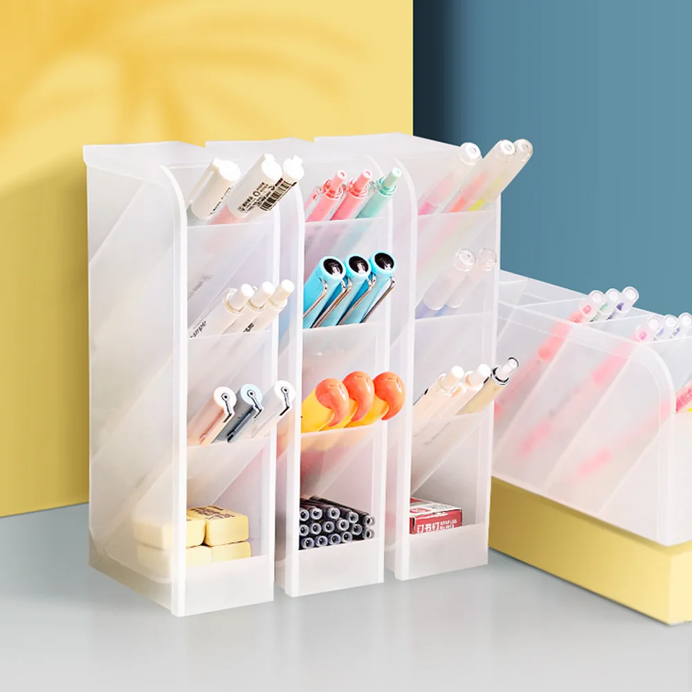 

Creative Transparent Inclined Pen Holder Office Desktop Storage Box Student Stationery Multi-grid Cylinder Rectangle Pen Case