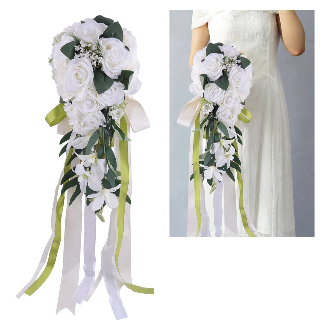 

Romantic White Wedding Hand Bouquet Bridal Holding Artificial Flowers Cloth 45x19cm For Floral Arrangements Photography Props