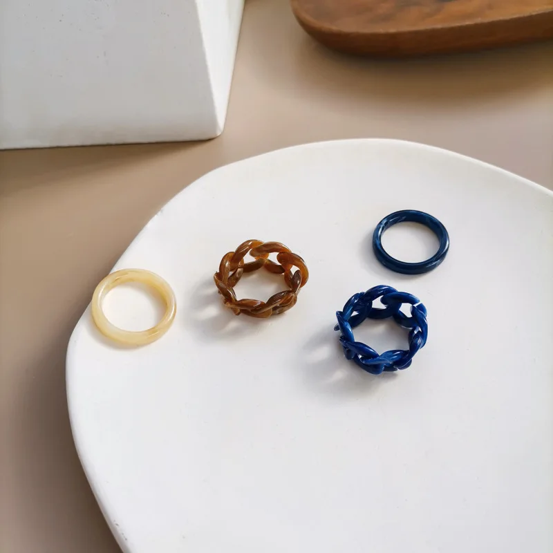 

2021 Trendy 2pcs/Set Colorful Resin Geometric Round Chain Rings Adjustable for Women Girls Party Jewelry Gifts