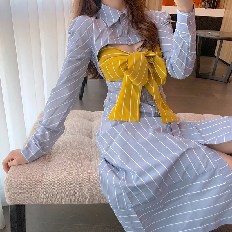 Женское однобортное платье в полоску длинное ажурное платье-рубашка с длинным