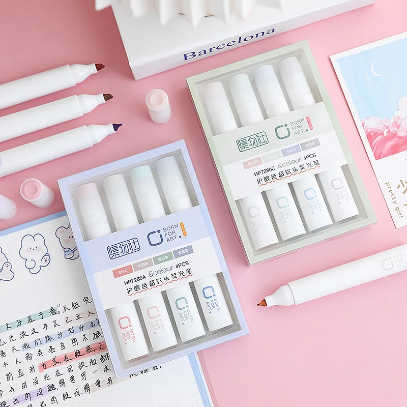 

4pcs/box Morandi Color Soft Nib Highlighter Boxed Marker Pen Student Stationery Creative Highlighter