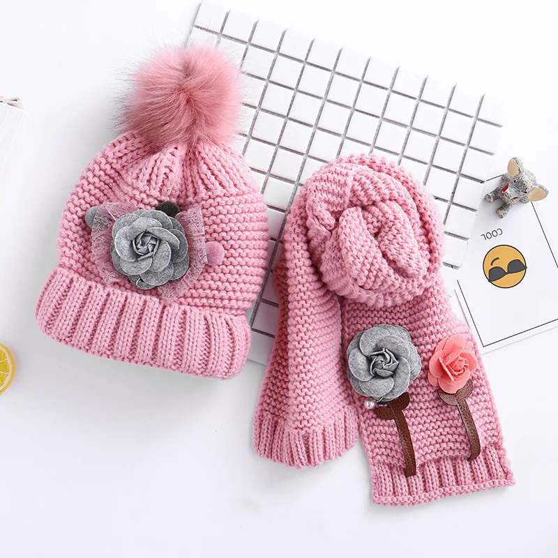 Winter Knitted 3-8 Years Fur ball beanies sets velvet wool kids Girls Knit fur hats winter 2 pcs baby girl scarf hat set HT19046 | Детская