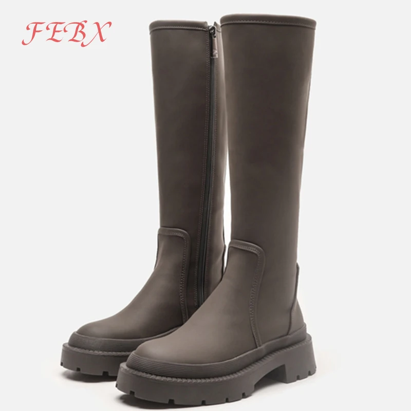 Женские длинные сапоги Za кожаные до колена на меху платформе и массивном каблуке