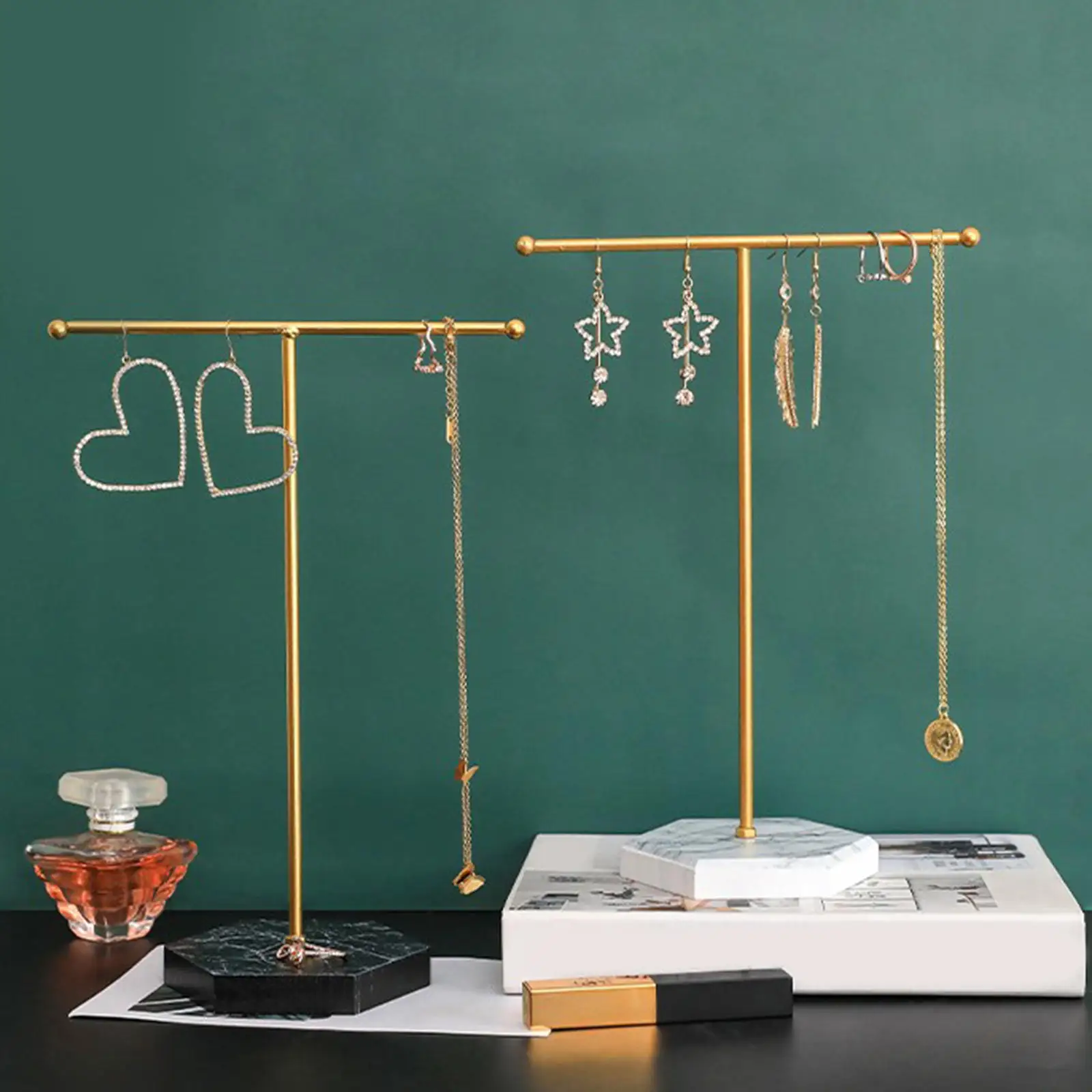 

Earring Display Metal Ha nging T Stand Shelf Marble Base Organizer Show Rack