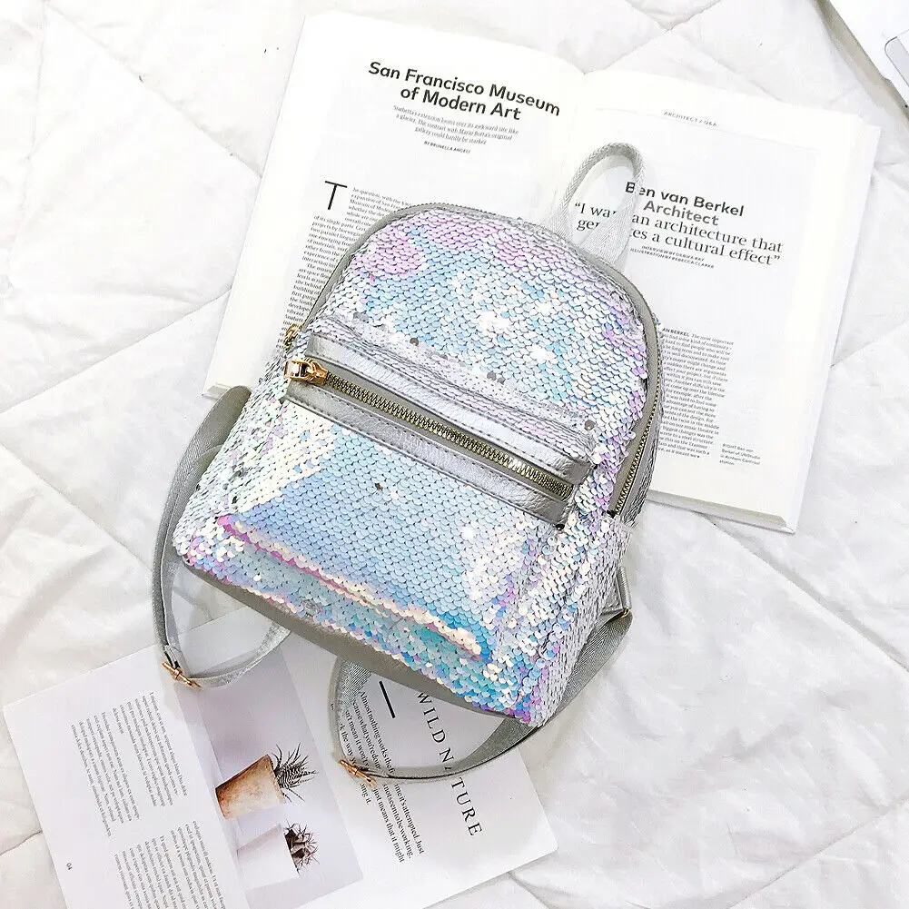 Женский рюкзак из искусственной кожи закрывающийся на молнию с блестками и для