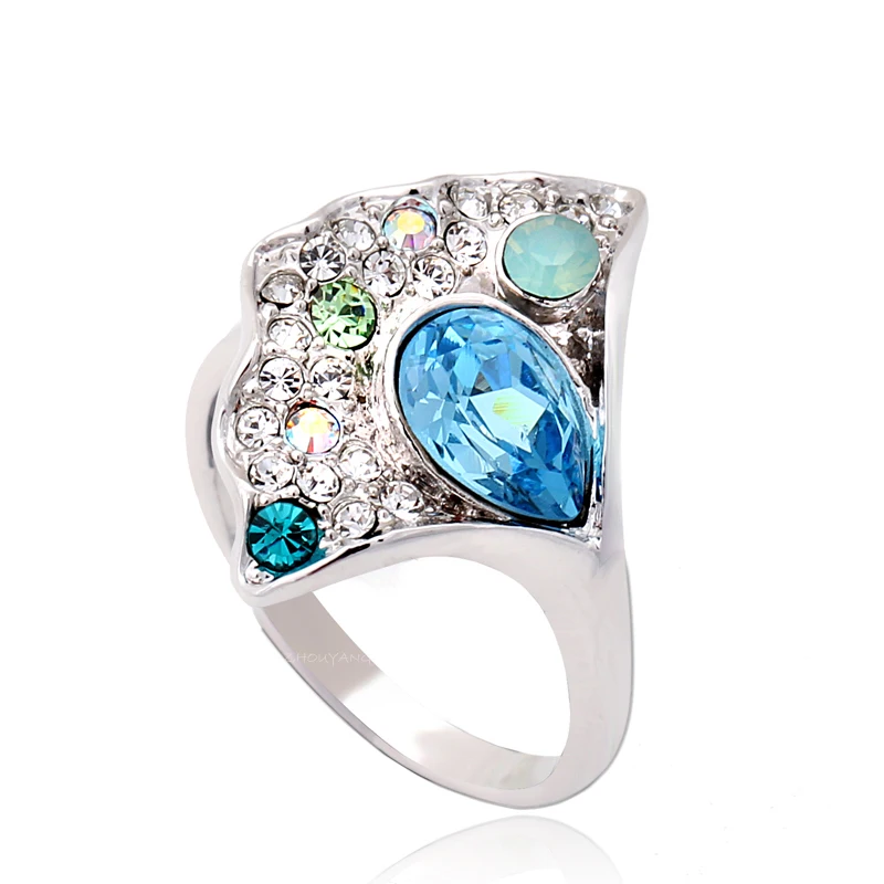 Женское кольцо в виде листьев Ginkgo на палец с фианитом и кристаллом модное