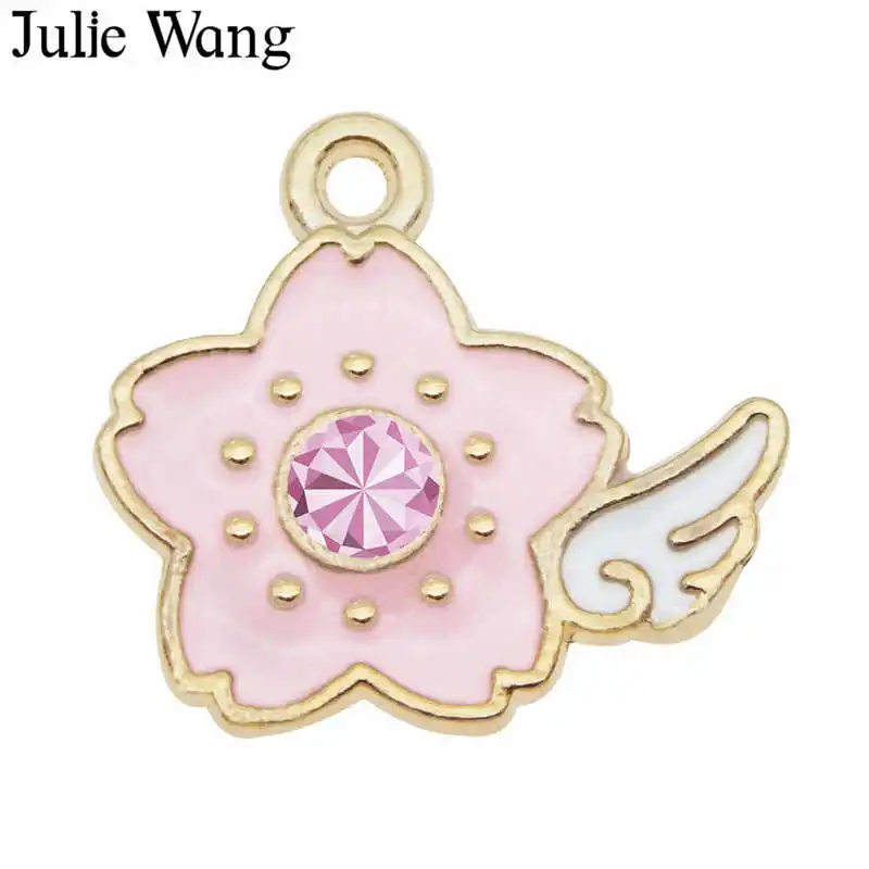 Julie Wang 10 шт. эмалевые розовые цветы крыло шармы с Стразы золотое искусственное