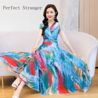 2021 spring summer new arrival elegant hot sale v collar color block women long chiffon dress m 4xl