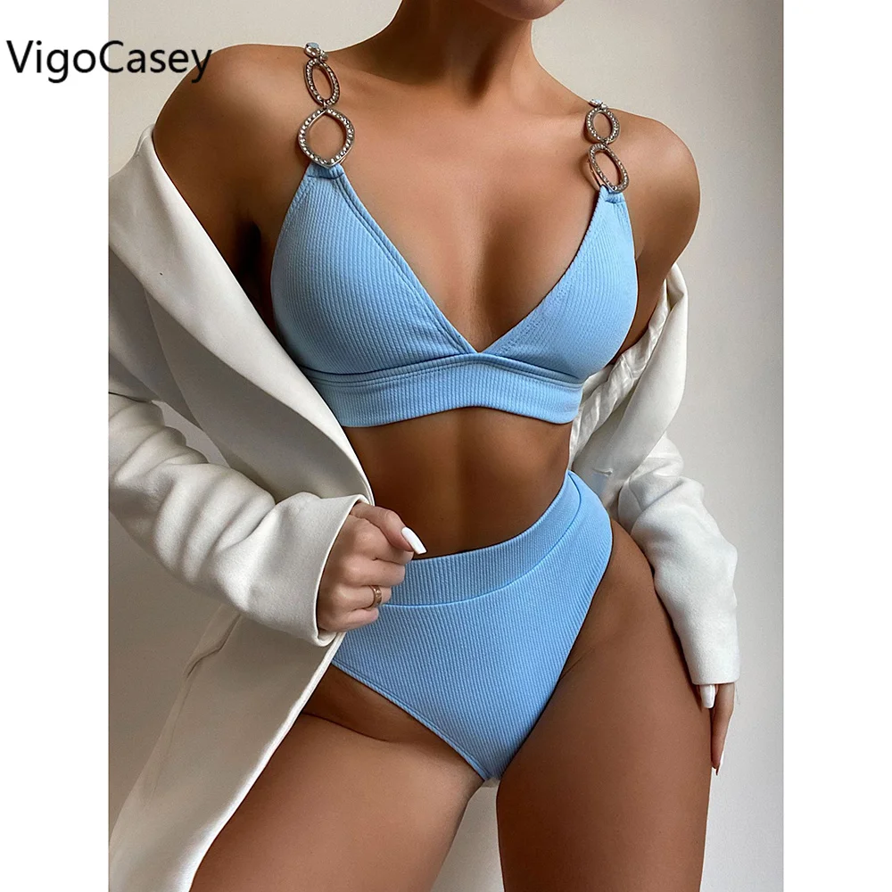 

VigoCasey Ring Strapped Swimwear Women High Waist Bikinis Solid Swimsuit 2021 Push Up Bathing Suit Sexy Brazilian Biquini Summer