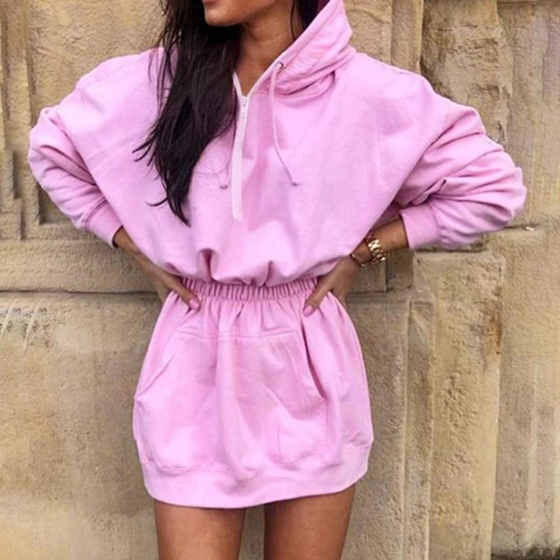 

Elastic Waist Pocket Pullover Dress Ladies Long Sleeve Pullover Vestidos For Femme Women Trendy Solid Color Hoodies Dress