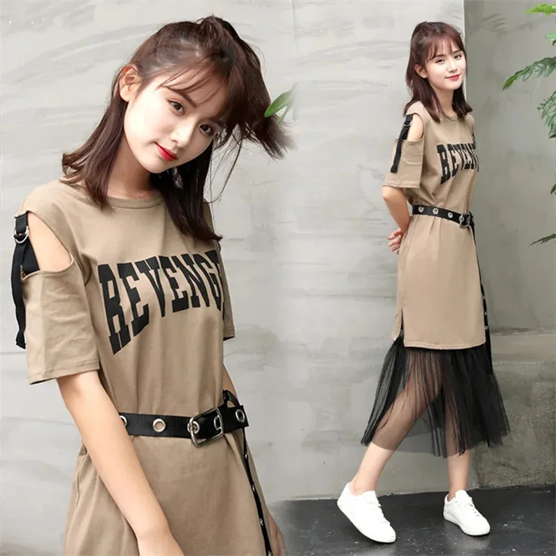 

Korean Version Two Pieces Set Letter Print Crop Top High Waist Mini Mesh Skirt Sweet Elegant Set