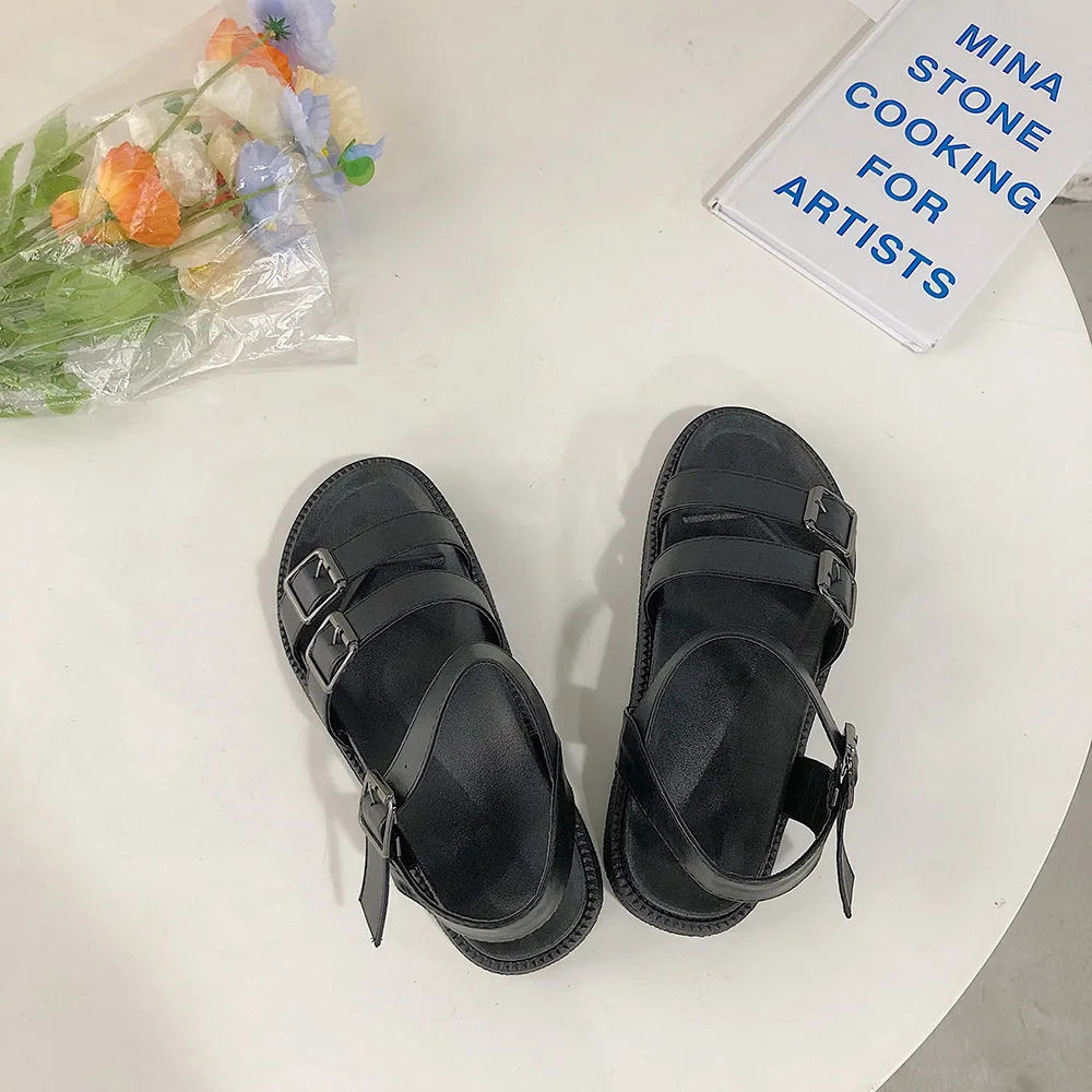 

Female Sandal Comfort Shoes for Women Buckle Strap Shallow Mouth 2021 Summer Clear Heels Girls Fashion Beige New Flat Low Scanda