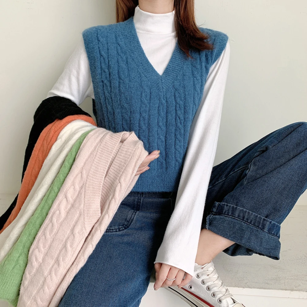 

Korean College style Gentle Sleeveless Sweater Autumn & Winter New V-neck Women Knitted Vest Twist Temperament Loose waist coat