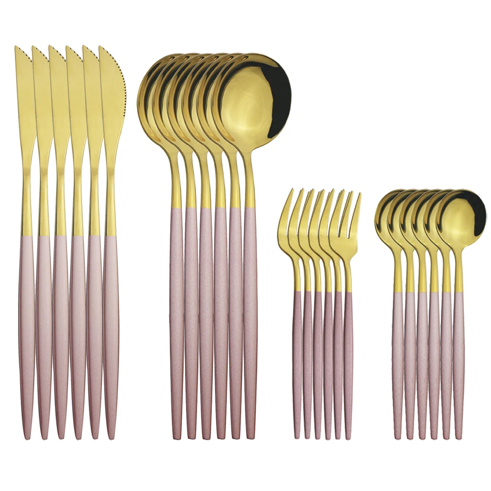 

24 шт./6 штук в упаковке; Ночное белье набор серебряных изделий посуда столовые приборы из розового золота Ножи Торт вилки для фруктов чайная ...